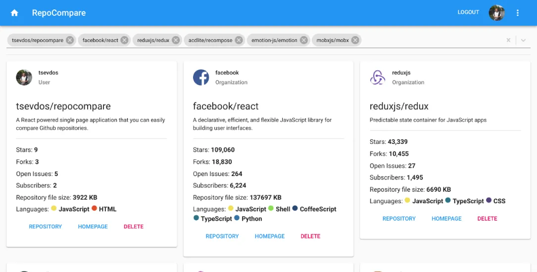 RepoCompare web app